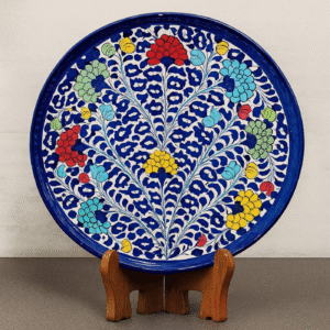 Handcrafted Blue Pottery Decorative Base Plate – Round Floral Design