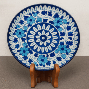 Handcrafted Blue Pottery Decorative Base Plate – Round Floral Design