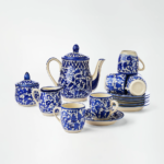 Handcrafted Blue Pottery Tea Set (15-Piece) – 6 Cups, 6 Saucers, Teapot, Sugar Pot & Milk Pot