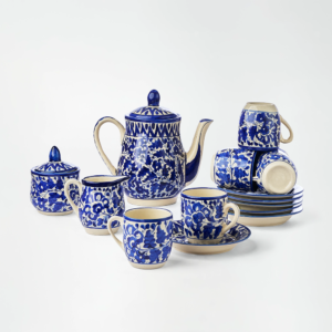 Handcrafted Blue Pottery Tea Set (15-Piece) – 6 Cups, 6 Saucers, Teapot, Sugar Pot & Milk Pot