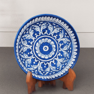 Handcrafted Blue Pottery Decorative Base Plate – Round Floral Design