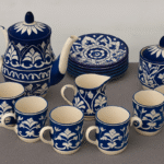 Handcrafted Blue Pottery Tea Set (15-Piece) – 6 Cups, 6 Saucers, Teapot, Sugar Pot & Milk Pot