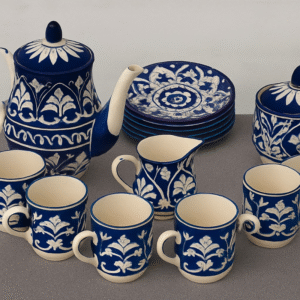 Handcrafted Blue Pottery Tea Set (15-Piece) – 6 Cups, 6 Saucers, Teapot, Sugar Pot & Milk Pot