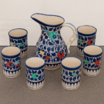 Blue Pottery Pitcher and 5 Tumbler Set
