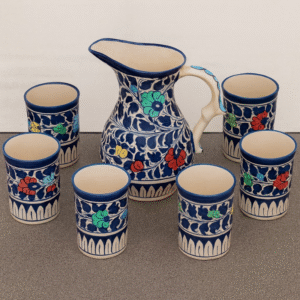 Blue Pottery Pitcher and 5 Tumbler Set