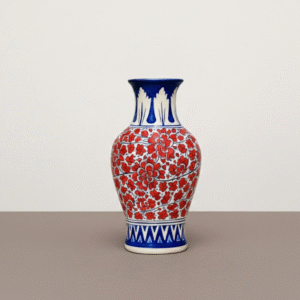 Handcrafted Blue Pottery Floral Vase – Red & Blue Ceramic Decorative Vase