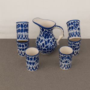 Handcrafted Blue Pottery Glass & Jug Set – 6 Glasses & 1 Jug