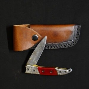 Handcrafted Damascus Steel Folding Knife with Genuine Leather Sheath