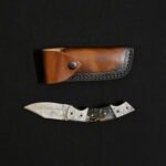 Handcrafted Damascus Steel Folding Knife with Genuine Leather Sheath
