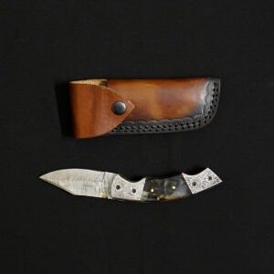 Handcrafted Damascus Steel Folding Knife with Genuine Leather Sheath