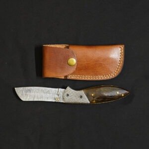 Handcrafted Damascus Steel Folding Knife with Genuine Leather Sheath