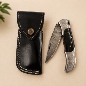 Engraved Damascus-Style Folding Knife with Black Handle & Leather Sheath