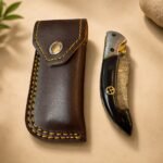 Damascus-Style Folding Knife with Black Handle & Brown Leather Sheath