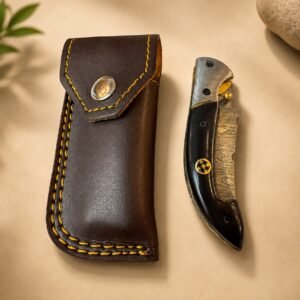 Damascus-Style Folding Knife with Black Handle & Brown Leather Sheath