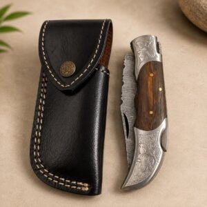 Engraved Damascus-Style Folding Knife with Wooden Handle & Leather Sheath