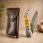 Damascus-Style Folding Knife with Natural Bone Handle & Leather Sheath
