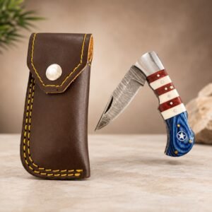 Patriotic Damascus-Style Folding Pocket Knife with Leather Sheath