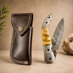 Damascus-Style Folding Knife with Natural Bone Handle & Leather Sheath